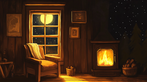 A Cozy Cabin Wall with Armchair, Animated at Night
