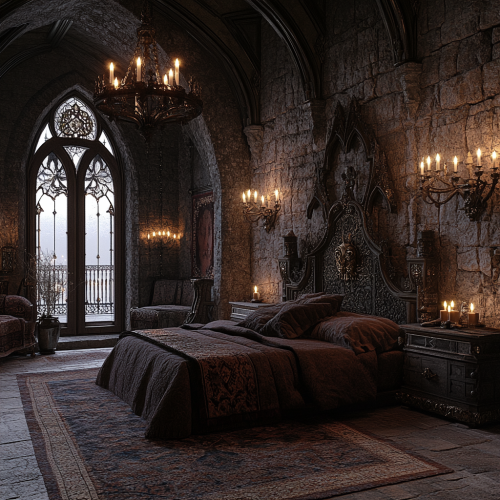 A Cozy Gothic Bedroom with Stone Walls and Candles