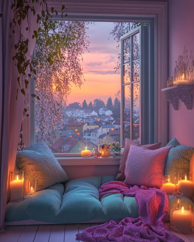 A Cozy Window Seat with Twilight Town View