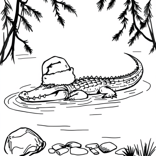 A Crocodile Wearing Santa Hat in a River A Crocodile Wearing Santa Hat in a River