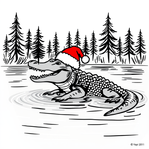 A Crocodile in Santa Hat in a River
