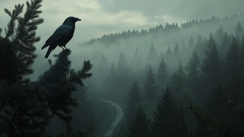A Crow Observing Forest from Tall Pine Tree