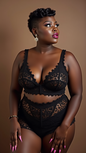 A Curvy Black Lady with Pixie Cut and Glossy Lips