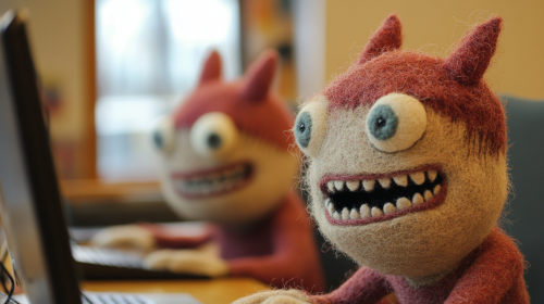 A Cute Angry Puppet Working on Computer