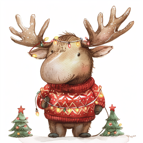 A Cute Christmas Moose with Lights and Sweater