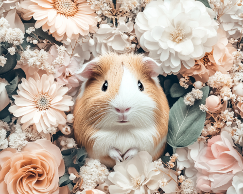 Adorable Guinea Pig Among Blooming Spring Flowers