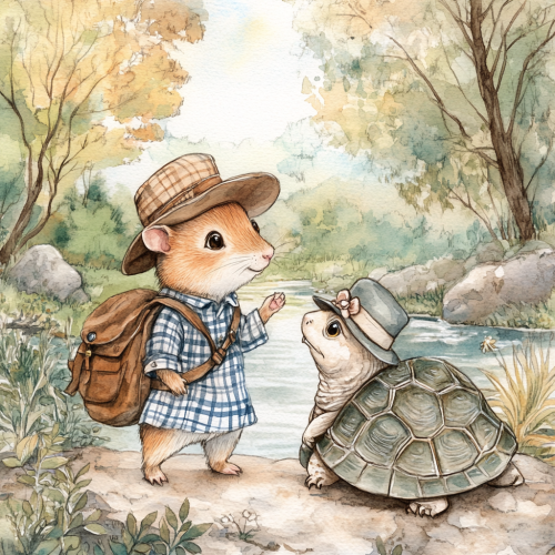 A Cute Hamster and Turtle in Forest Scene