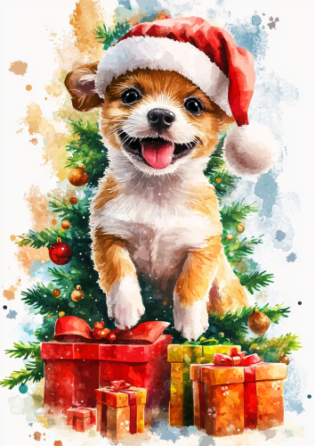 A Cute Puppy in Santa Hat on Christmas Card