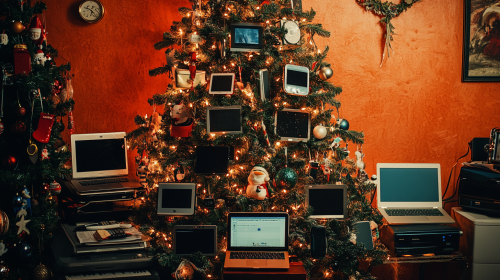 A Decorated Christmas Tree with Tech Gifts