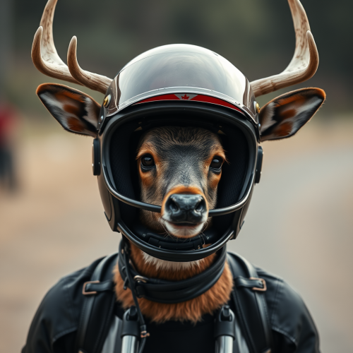 A Deer with a Vintage Motorcycle Helmet