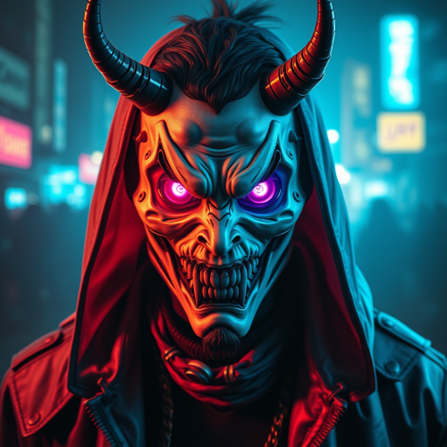 A Demonic Faced Cyberpunk Gang Member