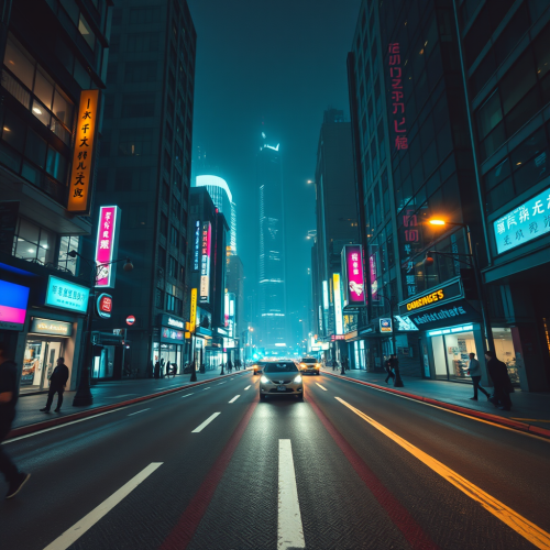 A Deserted Cyberpunk City Street at Night