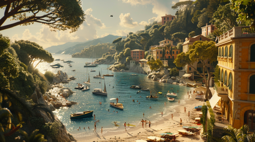 A Detailed Beach Advertisement in Portofino, Cinematic Lighting