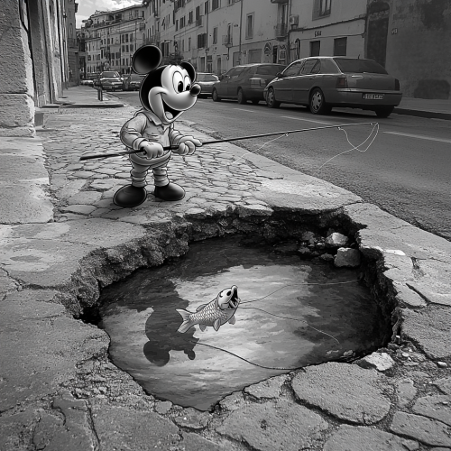 A Disney character fishing on a Rome street