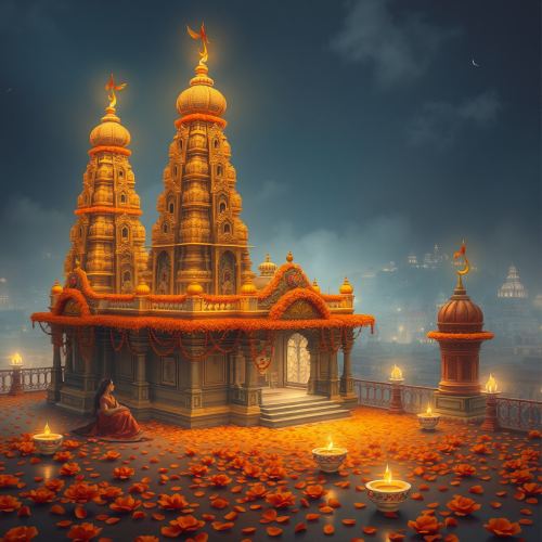 A Diwali Temple with Flowers, Lamps, City Lights.