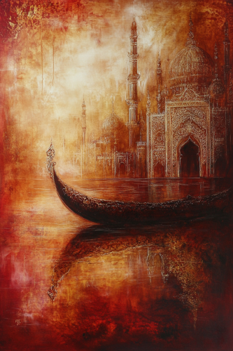 A Dreamy Cityscape Painting in Red and Gold