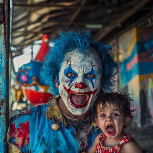 A Drunk Clown Poses with Crying Child