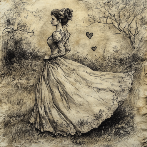 A Edwardian woman in long dress on textured paper