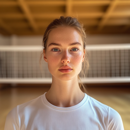 A European woman playing volleyball indoors with iPhone