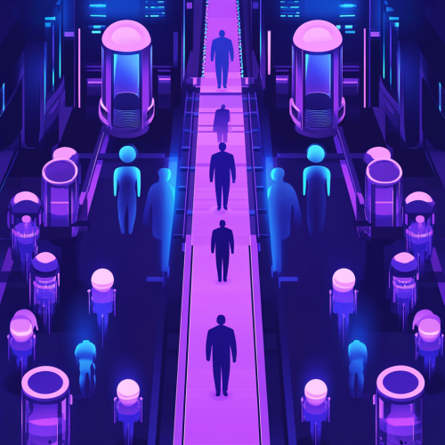 A Factory Cloning People in Blue and Purple