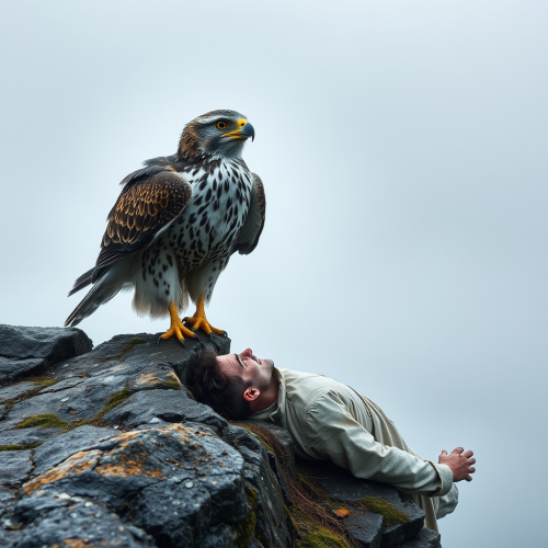 A Falcon Cries by Dead Man on Foggy Cliff
