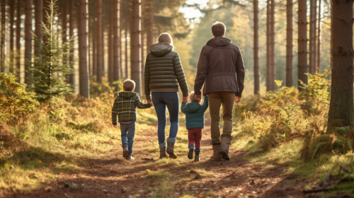 A Family in Forest: Parents, Child in Nature