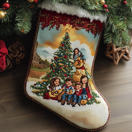 A Family with Christmas Stocking and Guitar Decorations