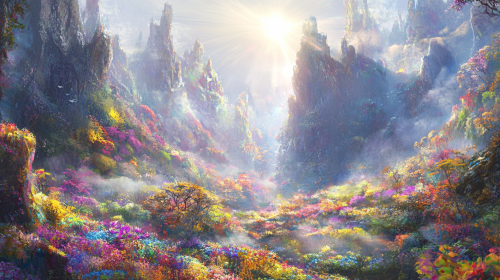 A Fantasy World with White Sky and Lush Vegetation