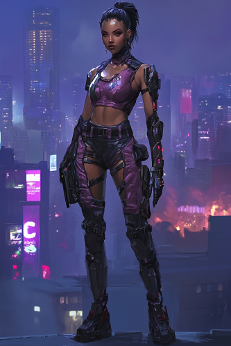 A Female Cyberpunk Character in City at Night