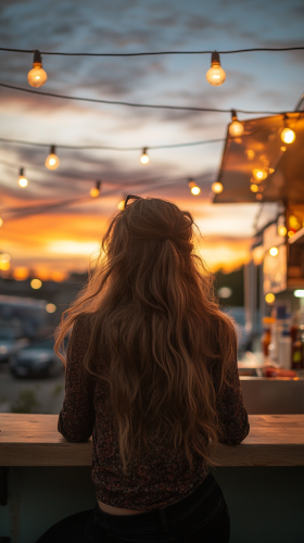 A Female Food Truck Owner Counting Earnings at Sunset