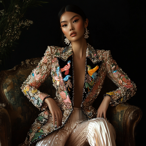 A Female Model in Japanese Art-Inspired Fashion