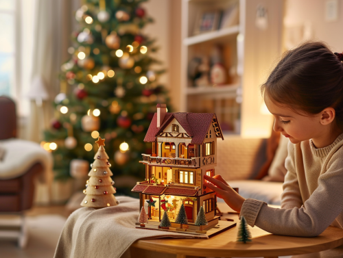 A Festive Christmas Living Room with Dollhouse