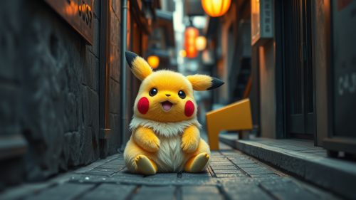 A Fluffy Pikachu in a Realistic Japanese Alleyway