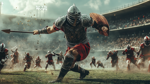 A Football Player Mid-Tackle in Medieval Football Game.