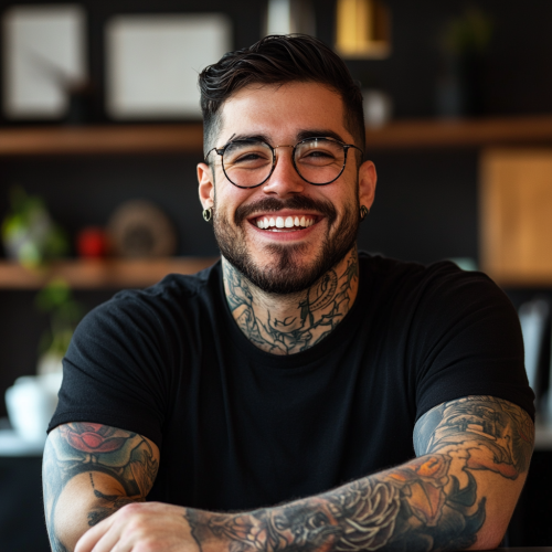 A Freelance Copywriter with Tattoos Smiling in Office