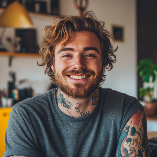 A Freelance Writer with Tattoos Smiling at Camera