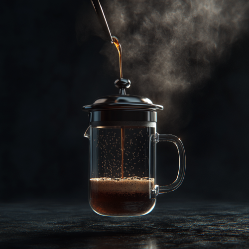 A French coffee press pouring hot coffee