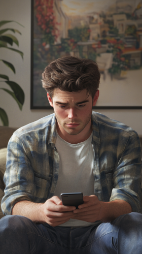 A Frustrated Man Looking at Smartphone in Living Room