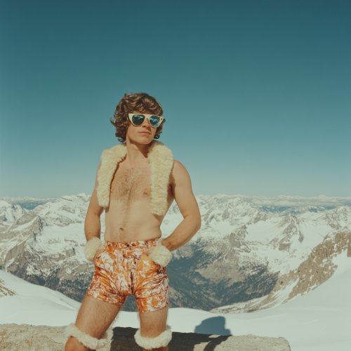 A Funny Artist Poses on Snowy Mountain