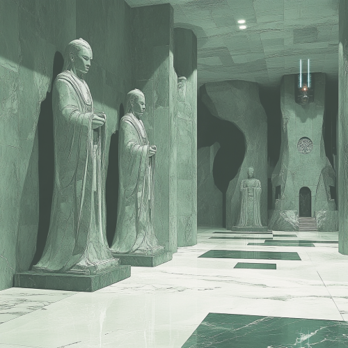 A Futuristic Inca Temple with Stone Statues