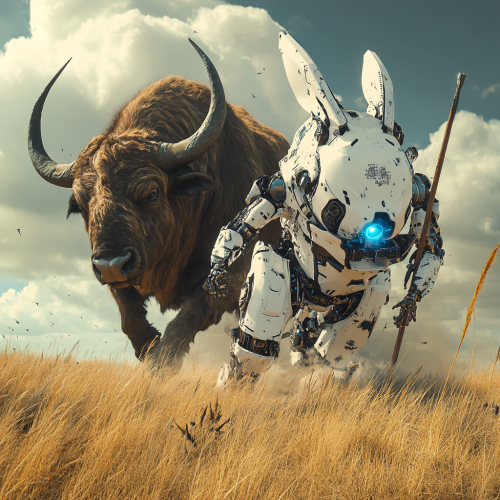 A Futuristic Robot Rabbit Hunting Buffalo in Plains