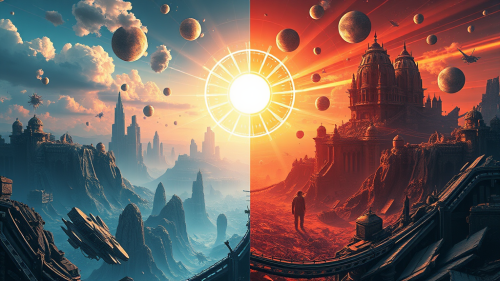 A Futuristic Utopia and Dystopia Split-Screen Poster