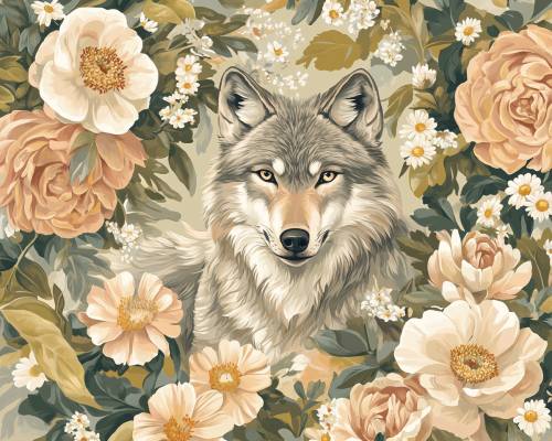 A Gentle Wolf Among Blooming Flowers - Nature's Harmony