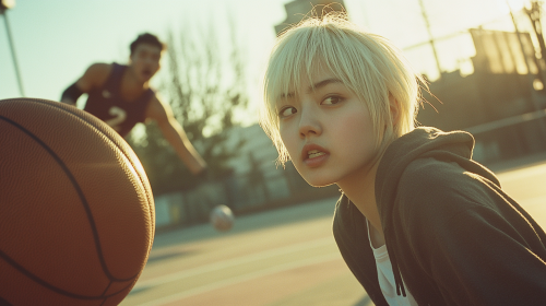 A Girl Basketball Player Evades Falling Opponent Morning A Girl Basketball Player Evades Falling Opponent Morning