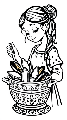 A Girl Cooking Mussels: Ancient Slavic-Style Icon