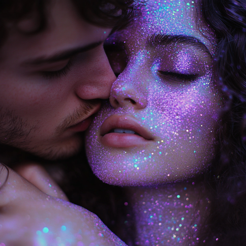 A Girl Covered in Purple Glitter Being Kissed