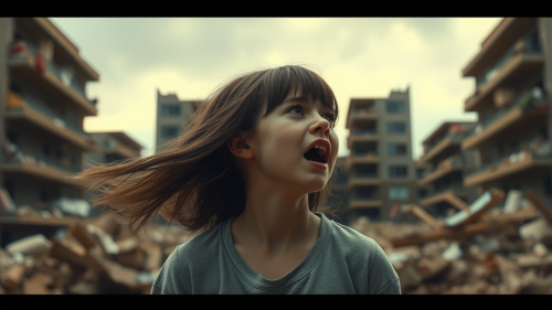 A Girl Weeping in War-Torn Cityscape