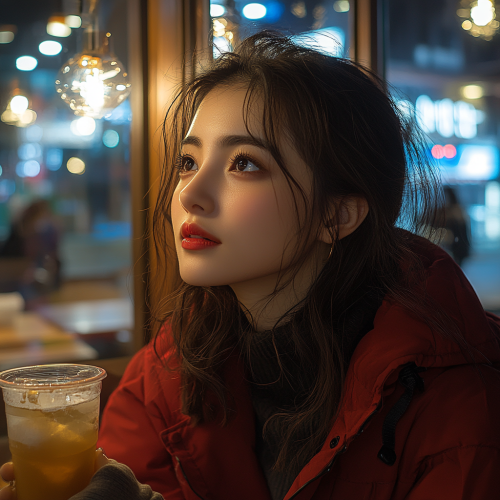A Girl in Red Coat Drinking at Korean Cafe