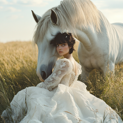 A Girl in White Dress with Giant Unicorn