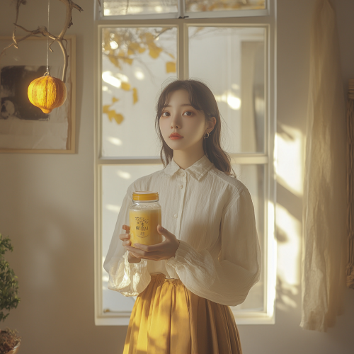 A Girl with Korean Banana Milk in Cozy Room